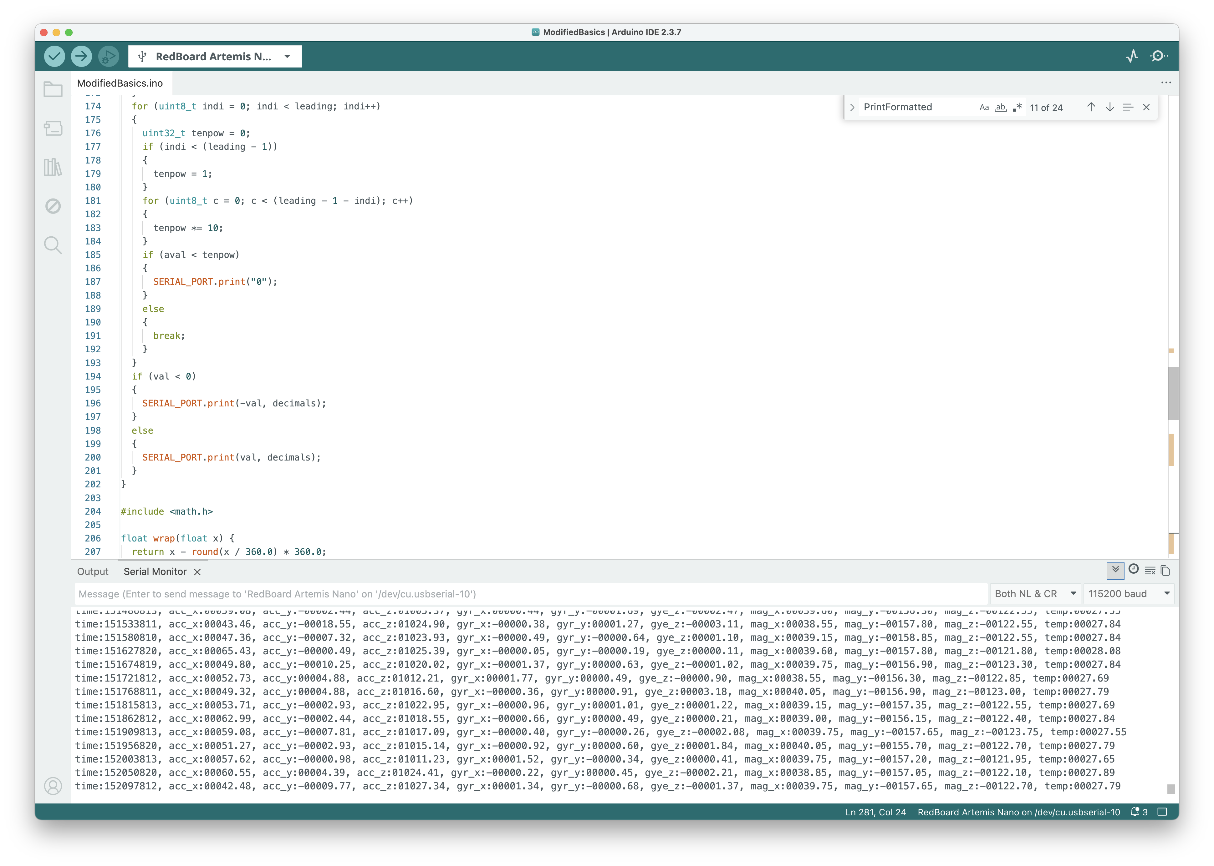 IMU data streaming in Arduino serial monitor