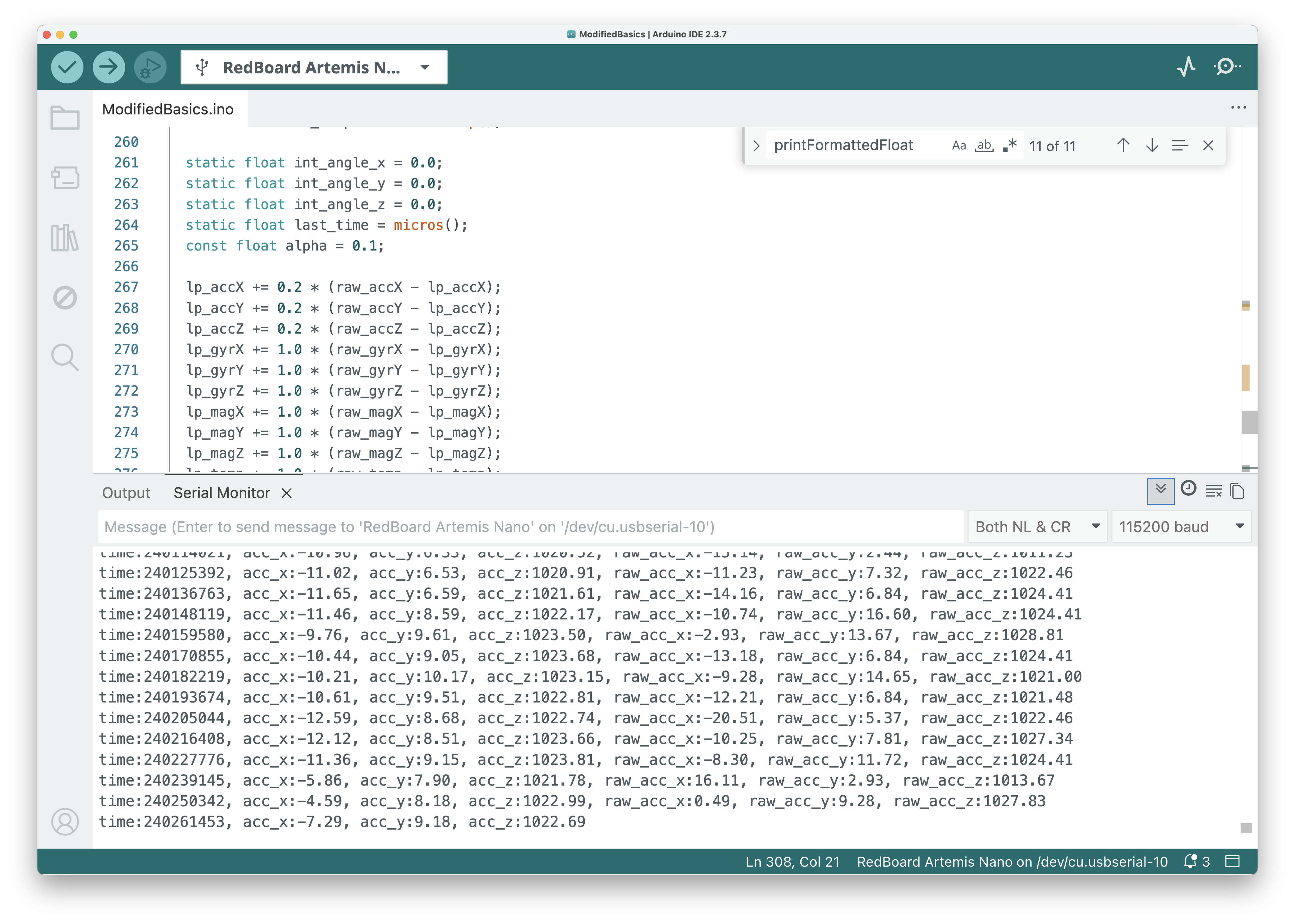 Filtered accelerometer code and serial output